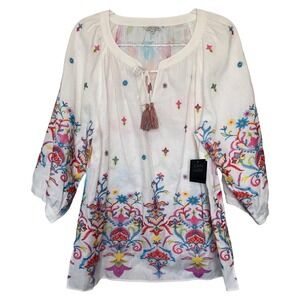 John Mark Womens XL White Embroidered Tunic Tassel Tie NWT